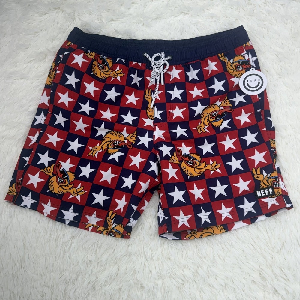 NEFF Swim Trunks Mens L Red White Blue Stars Board Shorts USA Print New NWT